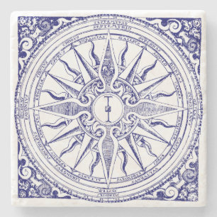 Historic Nautical Compass Blue & White Print Stone Coaster