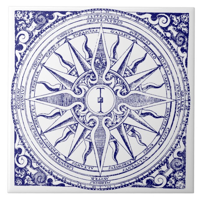 Historic Nautical Compass Blue & White Print Tile (Front)
