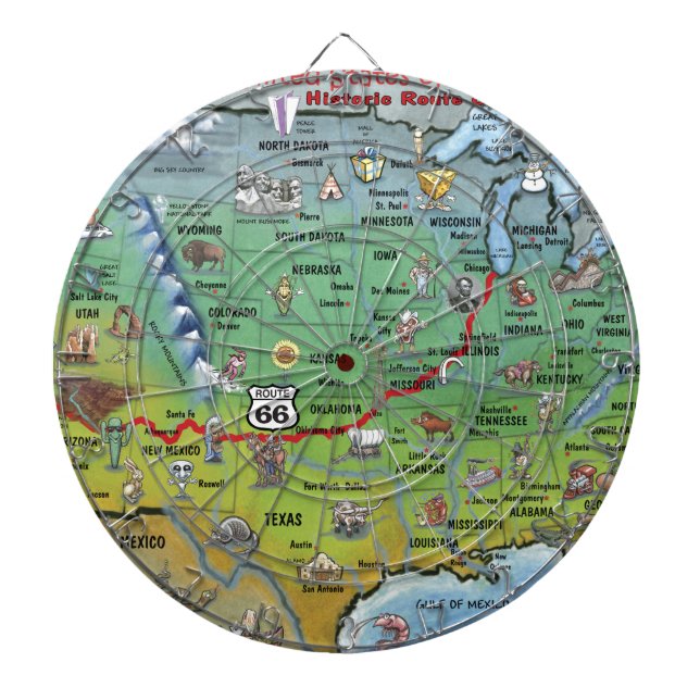 Historic Route 66 Cartoon Map Dartboard (Front)