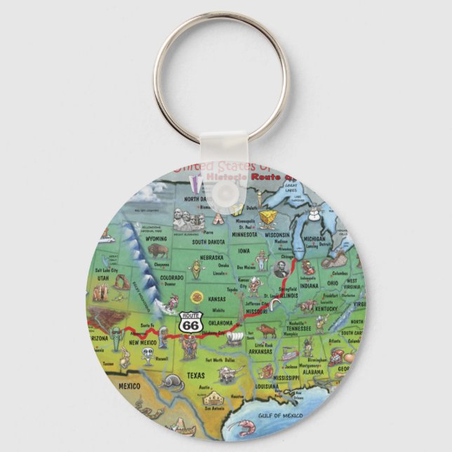 Historic Route 66 Cartoon Map Key Ring (Front)