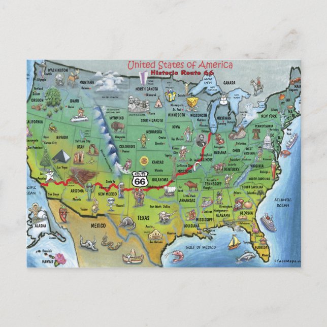 Historic Route 66 Cartoon Map Postcard (Front)