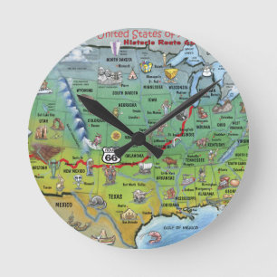 Historic Route 66 Cartoon Map Round Clock