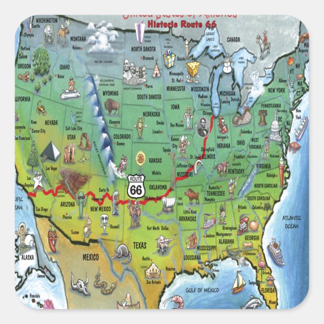 Historic Route 66 Cartoon Map Square Sticker (Front)