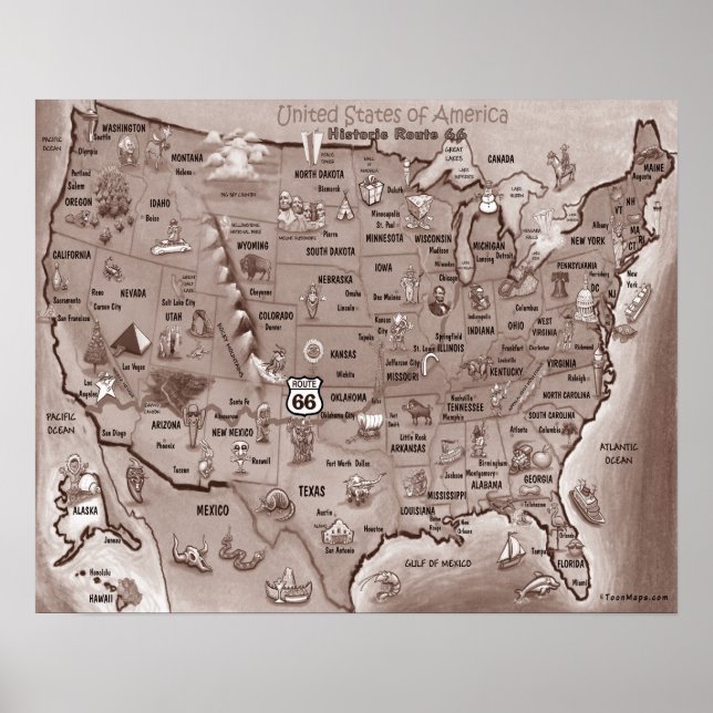 Historic Route 66 USA Cartoon Map Poster (Front)