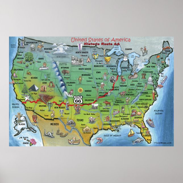 Historic Route 66 USA Cartoon Map Poster (Front)