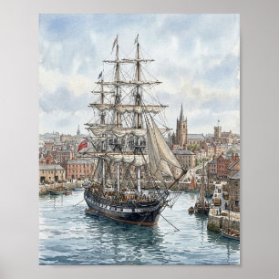 Historic Tall Ship in European Port Harbour Waterc Poster