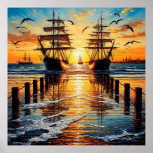 Historic Tall Ships Sailing at Sunset with Seagull Poster