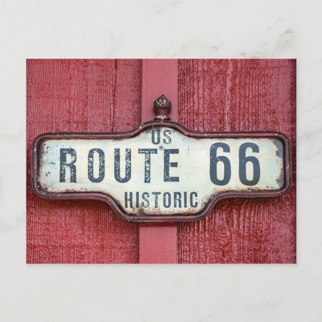 Historic US Route 66 Sign on Red Postcard (Front)