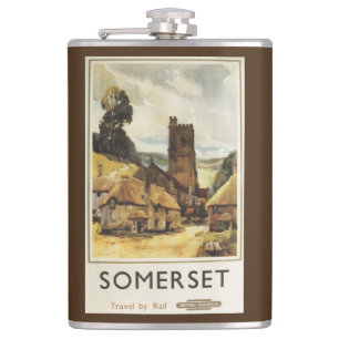 Historic Village Scene British Railway Poster Hip Flask