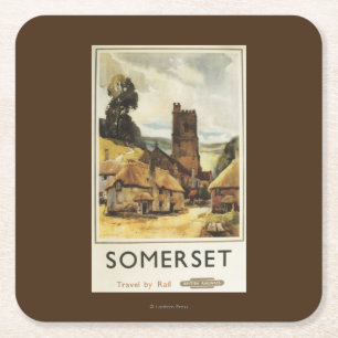 Historic Village Scene British Railway Poster Square Paper Coaster