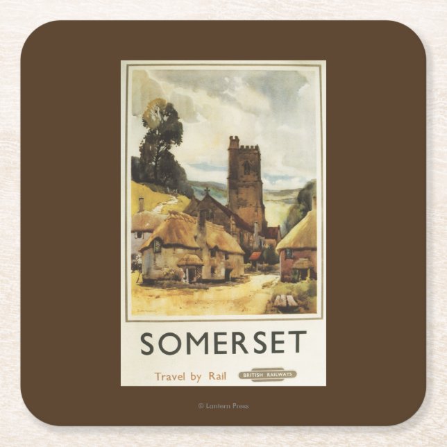 Historic Village Scene British Railway Poster Square Paper Coaster (Front)