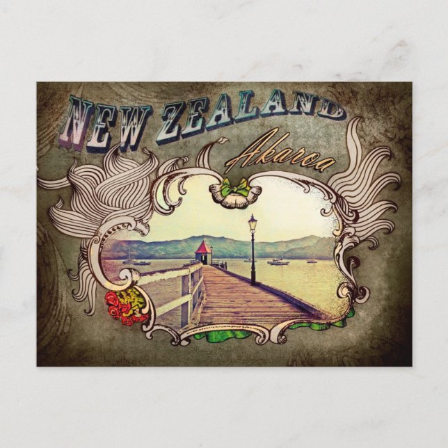 Historic wharf in Akaroa, New Zealand Postcard (Front)