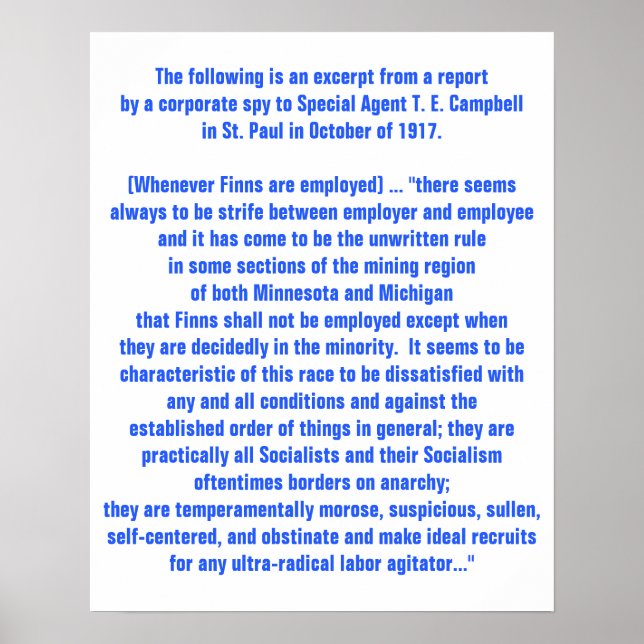 Historical 1917 USA report on Finnish labour issue Poster (Front)