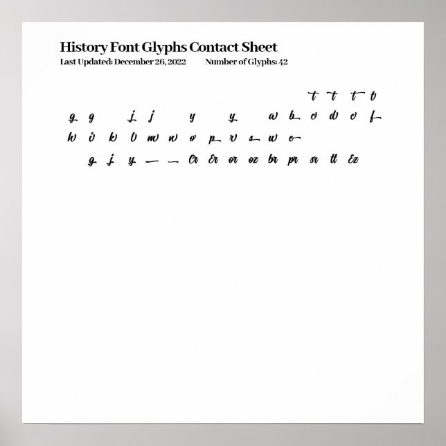 History Font Glyphs Contact Sheet Poster (Front)