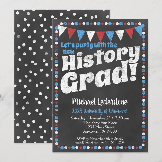 History Graduation Party Invitation Red Blue (Front/Back)