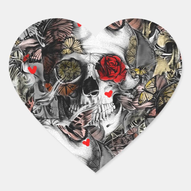 History repeats, floral skull pattern heart sticker (Front)