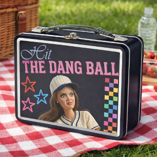 Hit The Dang Ball Funny Baseball Mum Doll Face Metal Lunch Box