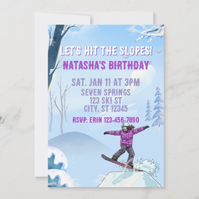 Hit the Slopes, Snowboard Girl Birthday Invitation (Front)