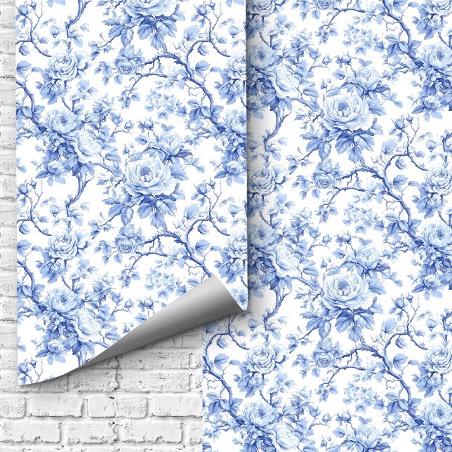 Hit Traditional Blue Toile Roses Floral Wallpaper (Traditional Blue Toile Roses Floral Wallpaper Design)