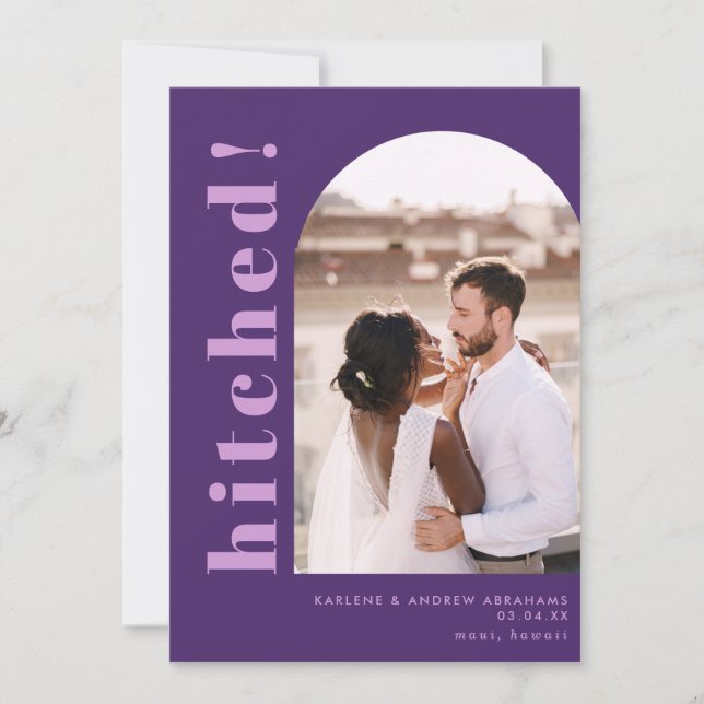 Hitched Arch Photo Purple Wedding Elopement Announcement (Front)