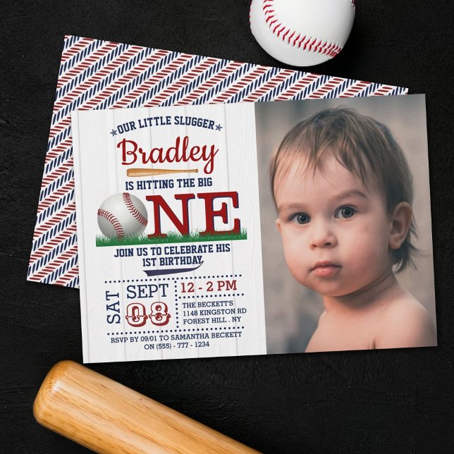 Hitting The Big One Baseball 1st Birthday Photo Invitation (Creator Uploaded)