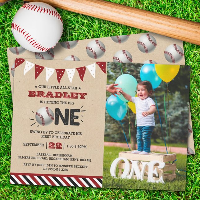 Hitting The Big One | Baseball 1st Birthday Photo Invitation (Creator Uploaded)