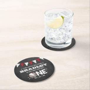 Hitting The Big One   Baseball 1st Birthday Round Paper Coaster