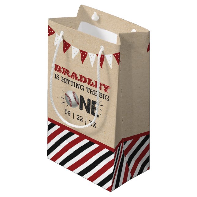 Hitting The Big One | Baseball 1st Birthday Small Gift Bag (Front Angled)