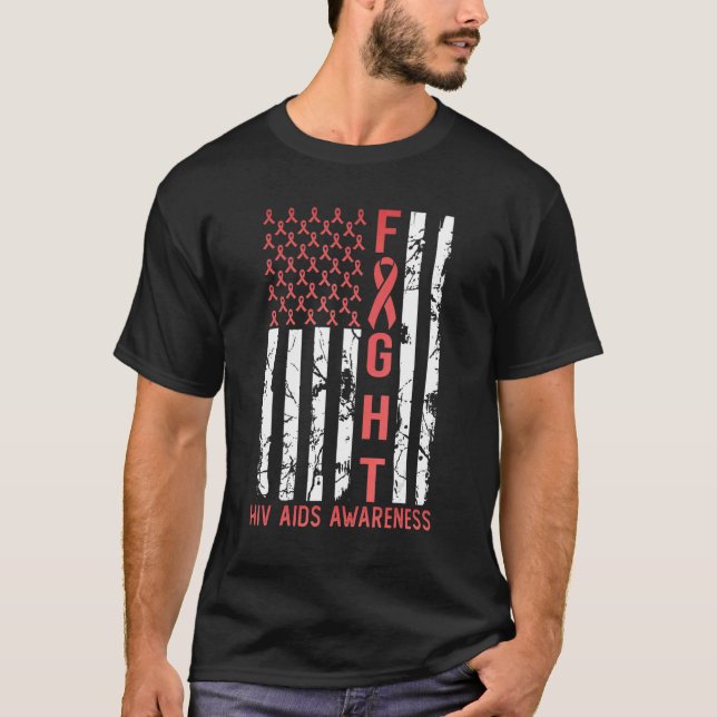 HIV AIDS Awareness December Month USA Flag Ribbon  T-Shirt (Front)