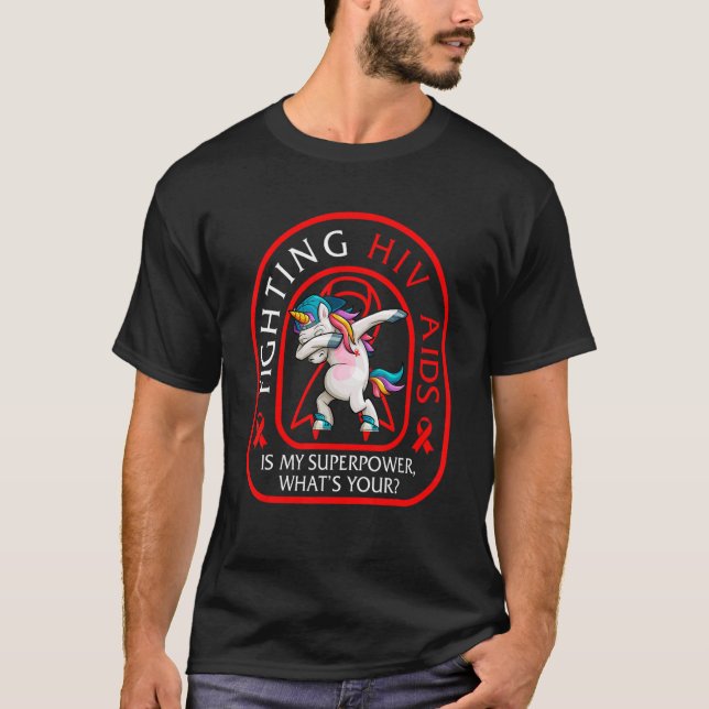 Hiv Aids Awareness Month Dabbing Unicorn Red Ribbo T-Shirt (Front)