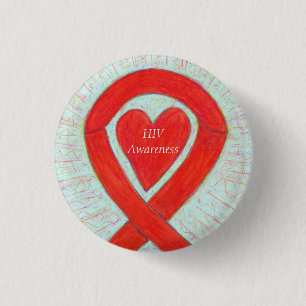 HIV Awareness Heart Ribbon Custom Art Pin