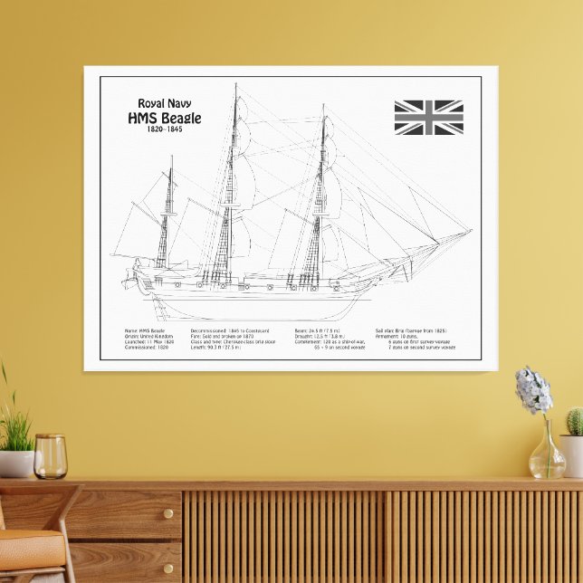 HMS Beagle Tall Ship - Ship Blueprint BD Canvas Print (Insitu(LivingRoom))