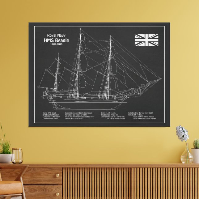 HMS Beagle Tall Ship - Ship Blueprint PBD Canvas Print (Insitu(LivingRoom))