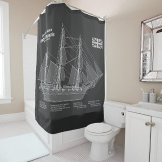 HMS Beagle Tall Ship - Ship Blueprint PBD Shower Curtain