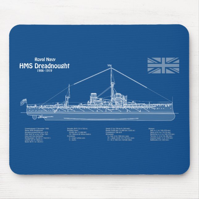 HMS Dreadnought - Ship Blueprint ABD Mouse Mat (Front)