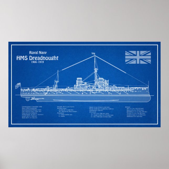 HMS Dreadnought - Ship Blueprint ABD Poster (Front)