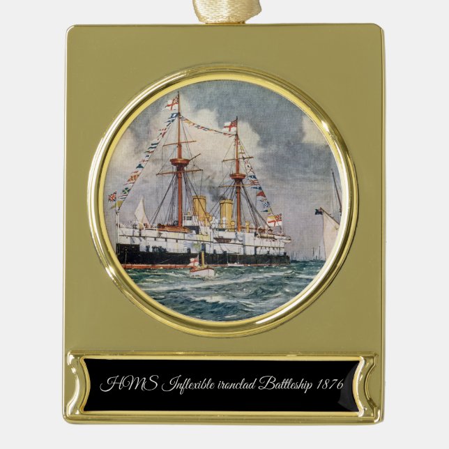 HMS inflexible ironclad Battleship 1876 Gold Plated Banner Ornament (Front)
