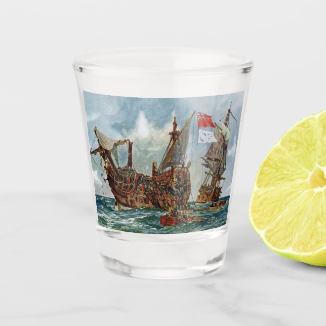 HMS Nottingham and battleship Mars 1703 Shot Glass (Front)