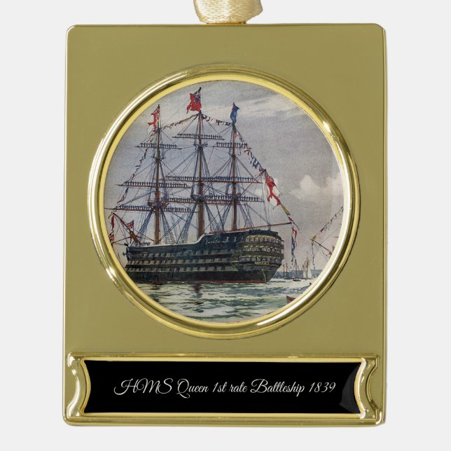 HMS Queen Battleship 1839 Gold Plated Banner Ornament (Front)