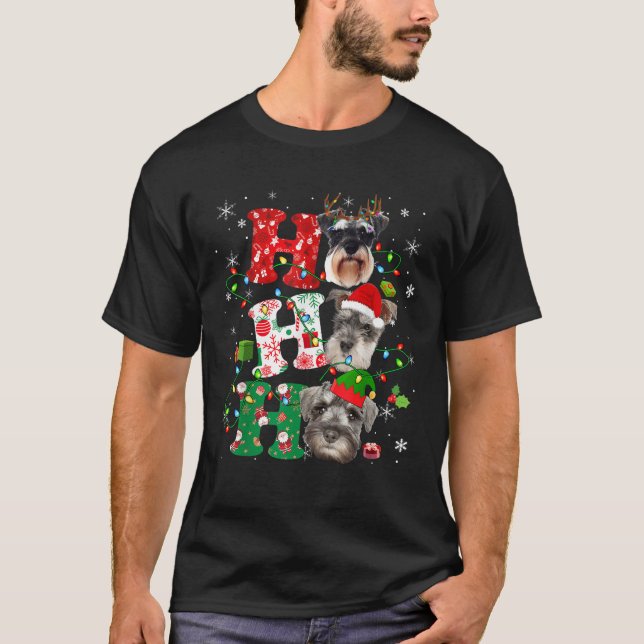 Ho3 Christmas Lights Santa Elf Reindeer Schnauzer  T-Shirt (Front)