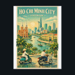 Ho Chi Minh City, Vietnam, in a classic retro Postcard<br><div class="desc">Travel poster featuring Ho Chi Minh City, Vietnam, in a classic retro travel-poster style. Central focus on the dynamic cityscape with the Saigon River flowing through modern skyscrapers, blended with iconic landmarks such as Notre-Dame Cathedral Basilica of Saigon and the Central Post Office. Street life elements like motorbikes and palm-lined...</div>