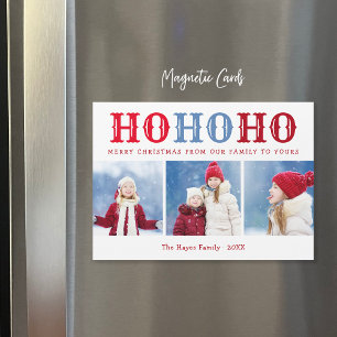 Ho Ho Ho   3 Photo Collage Magnetic Holiday Card