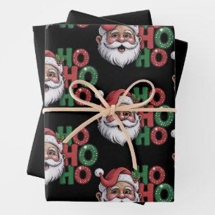 Ho Ho Ho Black Santa Retro Vintage Glitter Fun Wrapping Paper Sheet