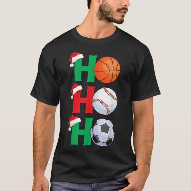 Ho Ho Ho Boys Christmas Sports Basketball Baseball T-Shirt (Front)
