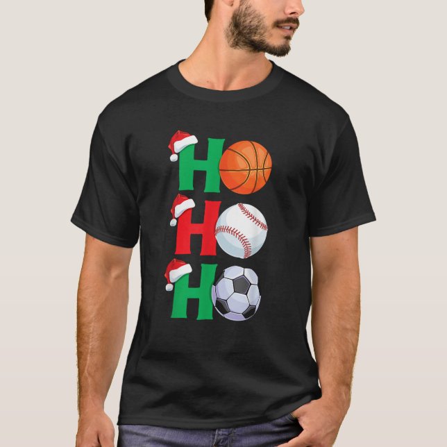 Ho Ho Ho Boys Christmas Sports Basketball Baseball T-Shirt (Front)