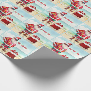 Ho Ho Ho Brown Skinned Santa on Beach Christmas Wrapping Paper