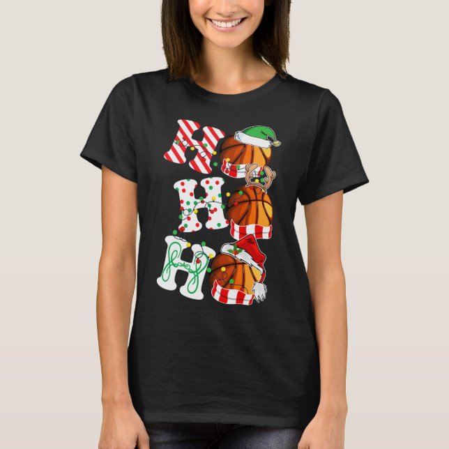 Ho Ho Ho Bysketbyll Lights Santa Hat Reindeer Elf  T-Shirt (Front)