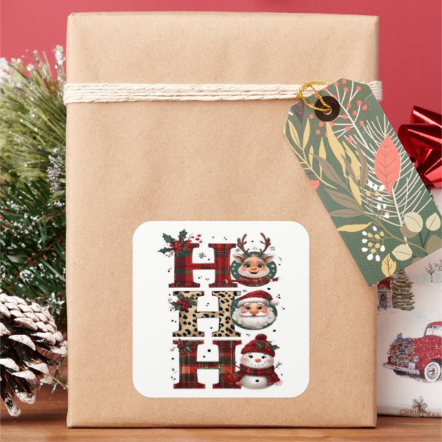 Ho Ho Ho Characters White Square Sticker (Holiday)