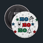 Ho-Ho-Ho Christmas design Bottle Opener<br><div class="desc">Ho-Ho-Ho Christmas design with snowflakes,  snowman,  Christmas tree,  reindeer and colourful stars decoration on white background</div>
