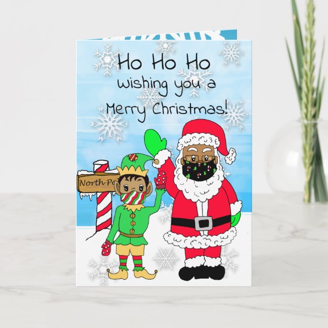 Ho Ho Ho Christmas Ethni Santa and Elf in Facemask Card (Front)